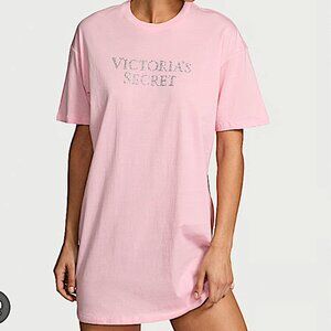 Victoria's Secret All Cotton Oversize Sleep Tee Petal Pink With Rhinestones NWT